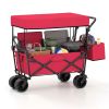 Foldable Utility Wagon,Adjustable Handle Outdoor Wagon, Puncture-Proof Wheels with Brakes, Removable Bag & Side Pockets-Red